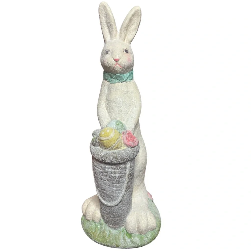 Vintage Rabbit Spring Easter Egg Basket Figurine Pier 1 White Pink Gray Blue